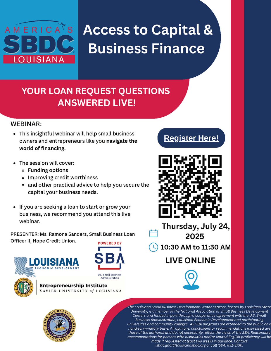 🚨 Happening today! Need funding for your business?
Join our Access to Capital &amp; Business Finance webinar to learn how to get loan-ready &amp; explore funding options.
📅 Register now: www2.lsbdc.org/reg.aspx?mode=…
#SmallBusiness #BusinessFunding #LSBDC
