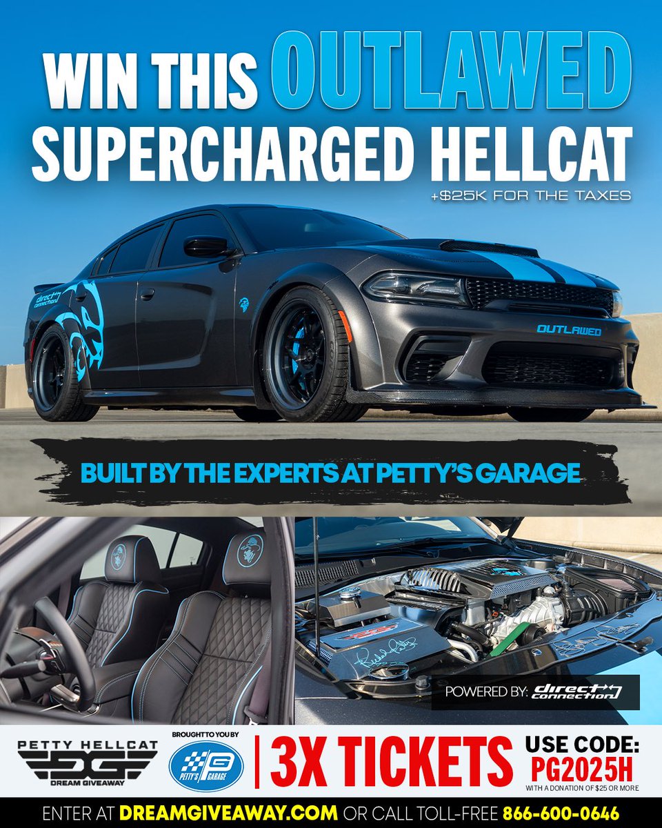 therichardpetty's tweet image. Now that Petty’s Garage has officially closed its doors, this car marks the end of an era.
It’s a one-of-a-kind, custom-built supercharged Dodge Charger SRT Hellcat Widebody Redeye with The King’s personal touch.
Use code PETTY at dreamgiveaway.com/dg/petty-hellc…