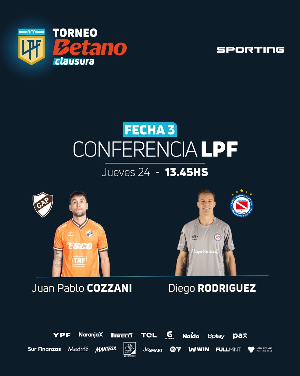 Liga Profesional de Fútbol (@ligaafa) on Twitter photo ¡Hoy tenemos #ConferenciaLPF! Desde las 13.45, Juan Pablo Cozzani, de <a href="/caplatense/">Club Atlético Platense</a>, y Diego Rodríguez, de <a href="/AAAJoficial/">Argentinos Juniors</a>, anticiparán el partido de la #Fecha3 del #TorneoBetano Clausura 2025 🏆
📲 youtube.com/live/jKIkHAqcW… ¡Hoy tenemos #ConferenciaLPF! Desde las 13.45, Juan Pablo Cozzani, de <a href="/caplatense/">Club Atlético Platense</a>, y Diego Rodríguez, de <a href="/AAAJoficial/">Argentinos Juniors</a>, anticiparán el partido de la #Fecha3 del #TorneoBetano Clausura 2025 🏆
📲 youtube.com/live/jKIkHAqcW…
