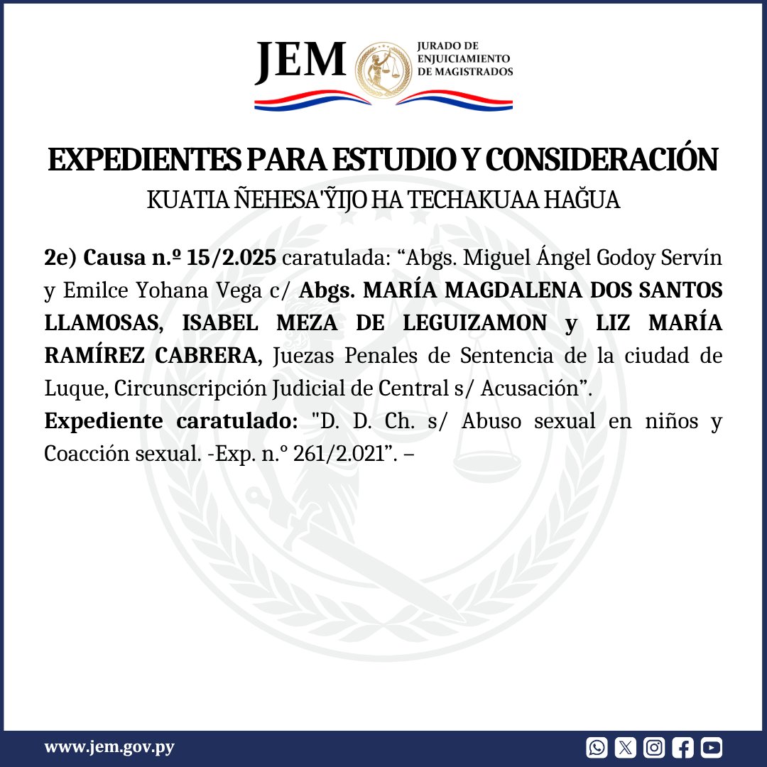 📌 El JEM resolvió RECHAZAR in limine la presente acusación y en consecuencia ARCHIVAR la presente causa.

#JEMPy