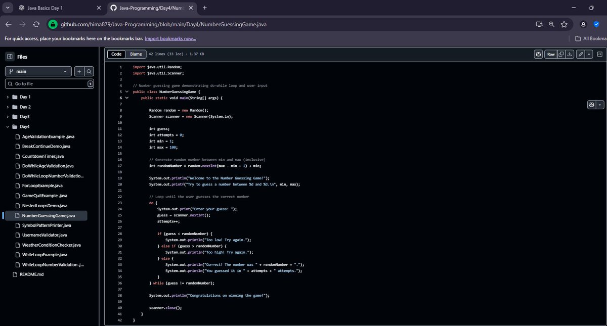 Himanshi1286's tweet image. 🚀 Java Day 4 🚀
✅ Logical Operators &amp;amp;&amp;amp;, ||, !
✅ Input validation with loops 🔄
✅ While, Do-While &amp;amp; For loops ⏳
✅ Nested loops &amp;amp; patterns 🔲
✅ Break &amp;amp; Continue control flow 🛑▶️
✅ Fun Number Guessing Game 🎯
#Java #100DaysOfCode #JavaBeginner