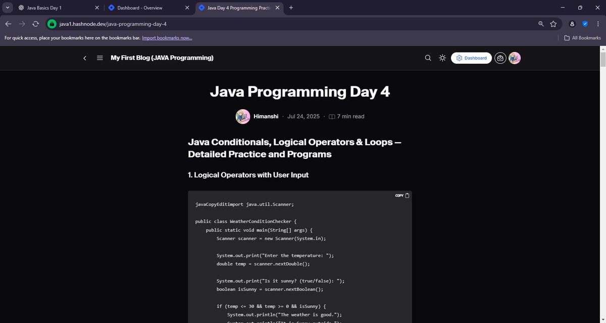 Himanshi1286's tweet image. 🚀 Java Day 4 🚀
✅ Logical Operators &amp;amp;&amp;amp;, ||, !
✅ Input validation with loops 🔄
✅ While, Do-While &amp;amp; For loops ⏳
✅ Nested loops &amp;amp; patterns 🔲
✅ Break &amp;amp; Continue control flow 🛑▶️
✅ Fun Number Guessing Game 🎯
#Java #100DaysOfCode #JavaBeginner
