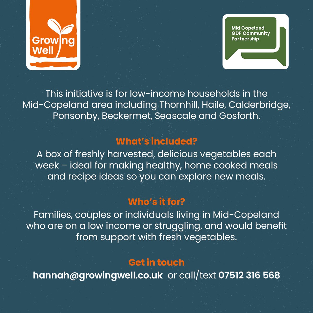 Growing Well (@growingwell) on Twitter photo FREE Fresh Veg Boxes for Low Income Families & Individuals in Mid-Copeland
We’re offering 30 free weekly veg boxes packed with fresh, seasonal, pesticide-free produce, grown at Growing Well in Egremont.
Contact hannah@growingwell.co.uk or call us/text us on 07512 316 568 FREE Fresh Veg Boxes for Low Income Families & Individuals in Mid-Copeland
We’re offering 30 free weekly veg boxes packed with fresh, seasonal, pesticide-free produce, grown at Growing Well in Egremont.
Contact hannah@growingwell.co.uk or call us/text us on 07512 316 568
