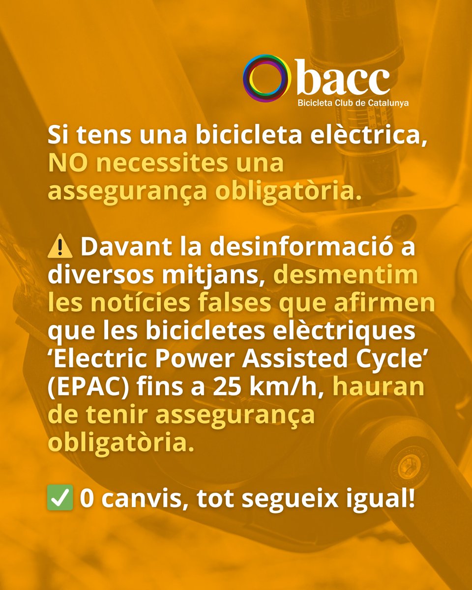 bacc_cat's tweet image. 📢 Desmentim la desinformació sobre l’assegurança obligatòria per a bicis elèctriques.
👀 NO estableix cap obligació per a 🚲 amb assistència elèctrica fins a 25 km/h, que són les que compleixen amb la normativa europea i constitueixen la gran majoria de bicicletes elèctriques.