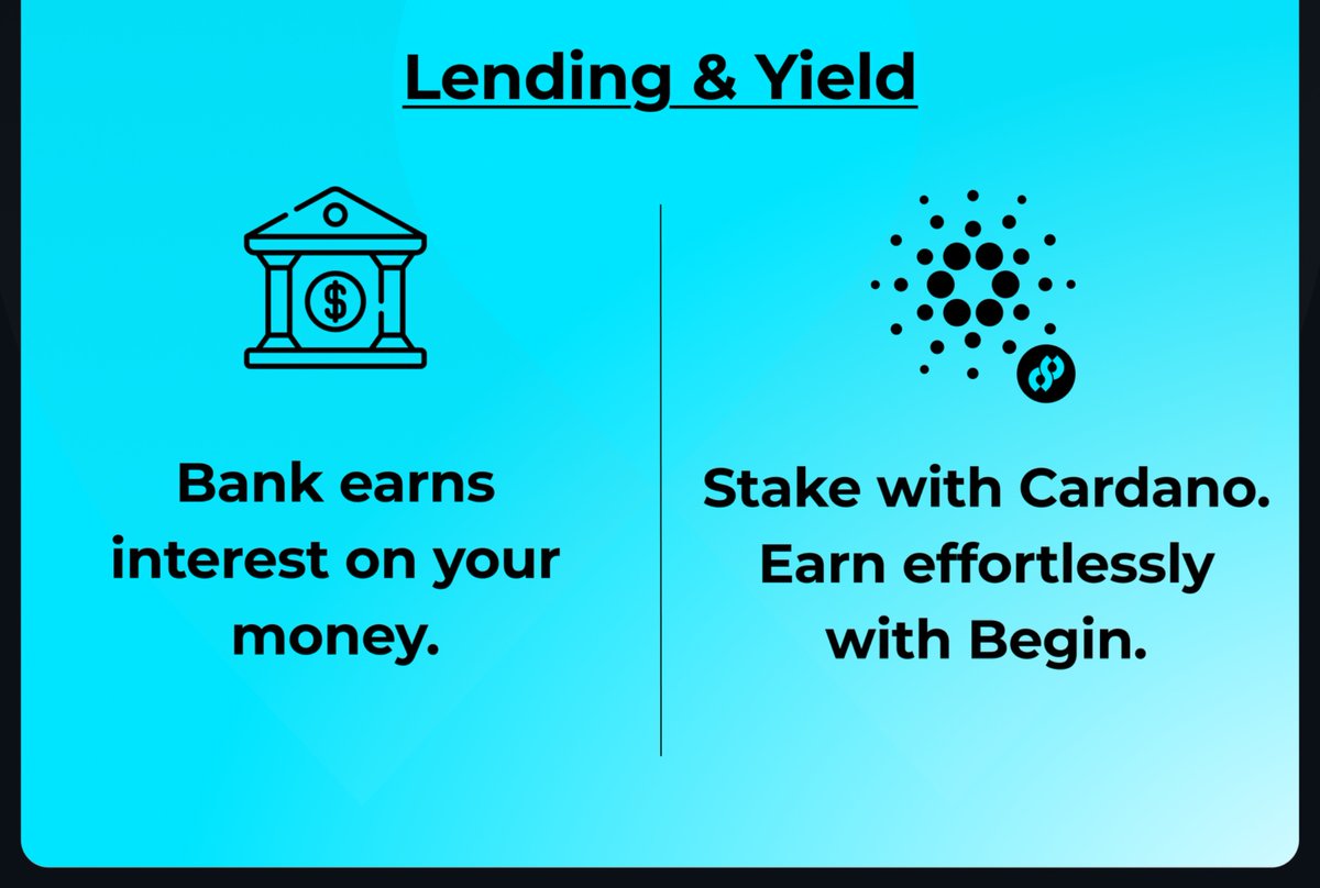 BeginWallet's tweet image. CARDANO > BANKS
🏦 Banks: “We’ll hold your money… and your interest.”
🌐 Cardano: “ Keep your money…. and here’s your staking rewards.”
🚀 Begin Wallet: “Lend & earn even more.”
$ADA