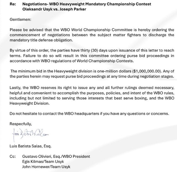 AndStillBoxing's tweet image. Negotiations for Usyk vs Parker ordered ✍️
🥊 Negotiatihace begun for the mandatory heavyweight title bout between Oleksandr Usyk and Joseph Parker.
There are 30 days to reach an agreement, or the WBO will order a purse bud between both teams.
Reckon we get this in 2025 or Q1…