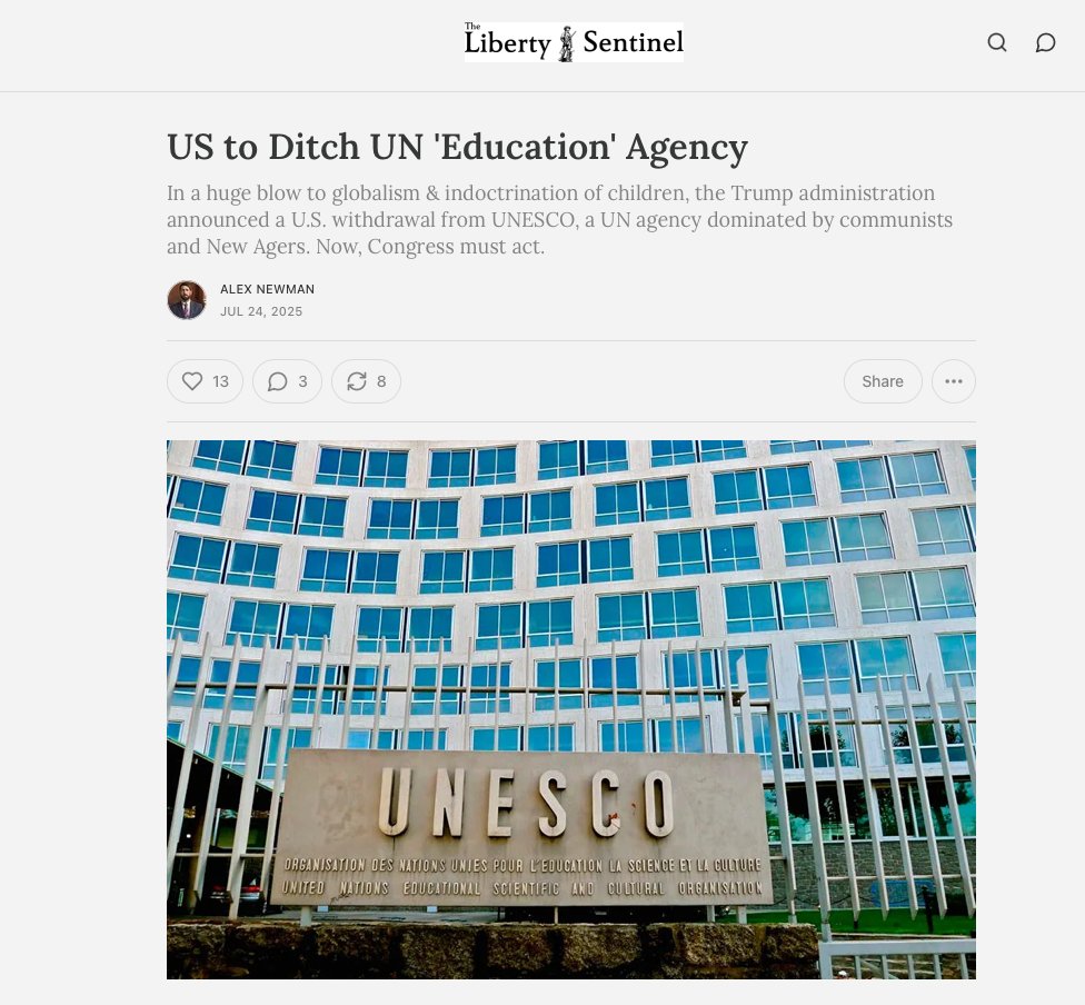 Nicky P (@cravecreative) on Twitter photo This is great news for the US. Well done!
"US to Ditch UN 'Education' Agency"
<a href="/libertysent/">LibertySentinel</a> <a href="/ALEXNEWMAN_JOU/">Alex Newman</a>
libertysentinel.substack.com/p/us-exits-ant… This is great news for the US. Well done!
"US to Ditch UN 'Education' Agency"
<a href="/libertysent/">LibertySentinel</a> <a href="/ALEXNEWMAN_JOU/">Alex Newman</a>
libertysentinel.substack.com/p/us-exits-ant…