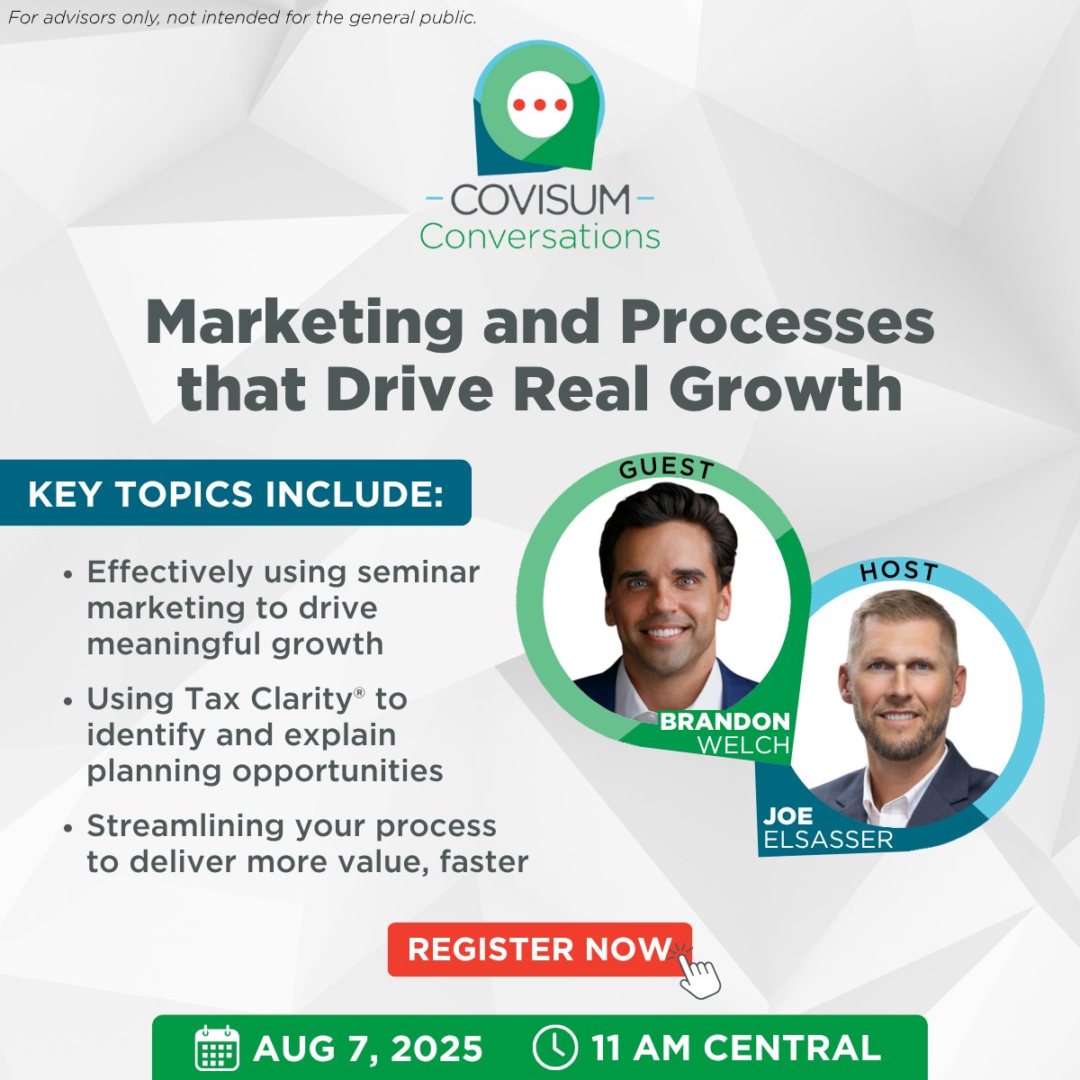 How can seminars + tax planning grow your retirement income practice? Learn how Brandon Welch, MBA, CFP® did it, and how you can too.

✅ Seminar marketing tips
✅ Tax Clarity® in client meetings
✅ Differentiation strategies

THUR, 8/7 @ 11 AM CT
👉 hubs.la/Q03ytcwc0