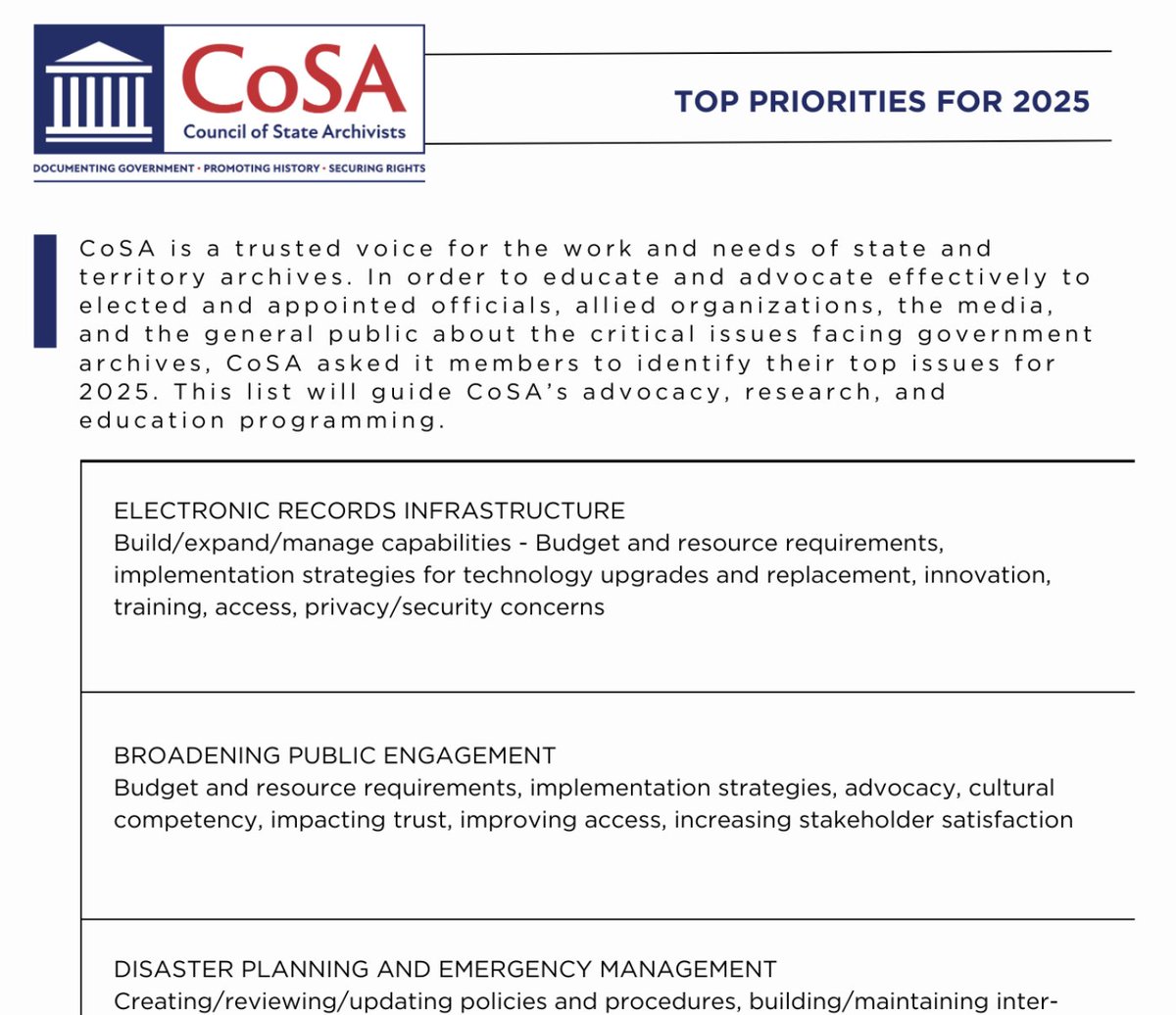 When CoSA asked its members what their top priorities were for 2025, issues around building, expanding, and managing electronic records infrastructures ranked #1.  

READ MORE:  growthzonecmsprodeastus.azureedge.net/sites/2163/202…

#StateArchives #TopPriorities #ElectronicRecords