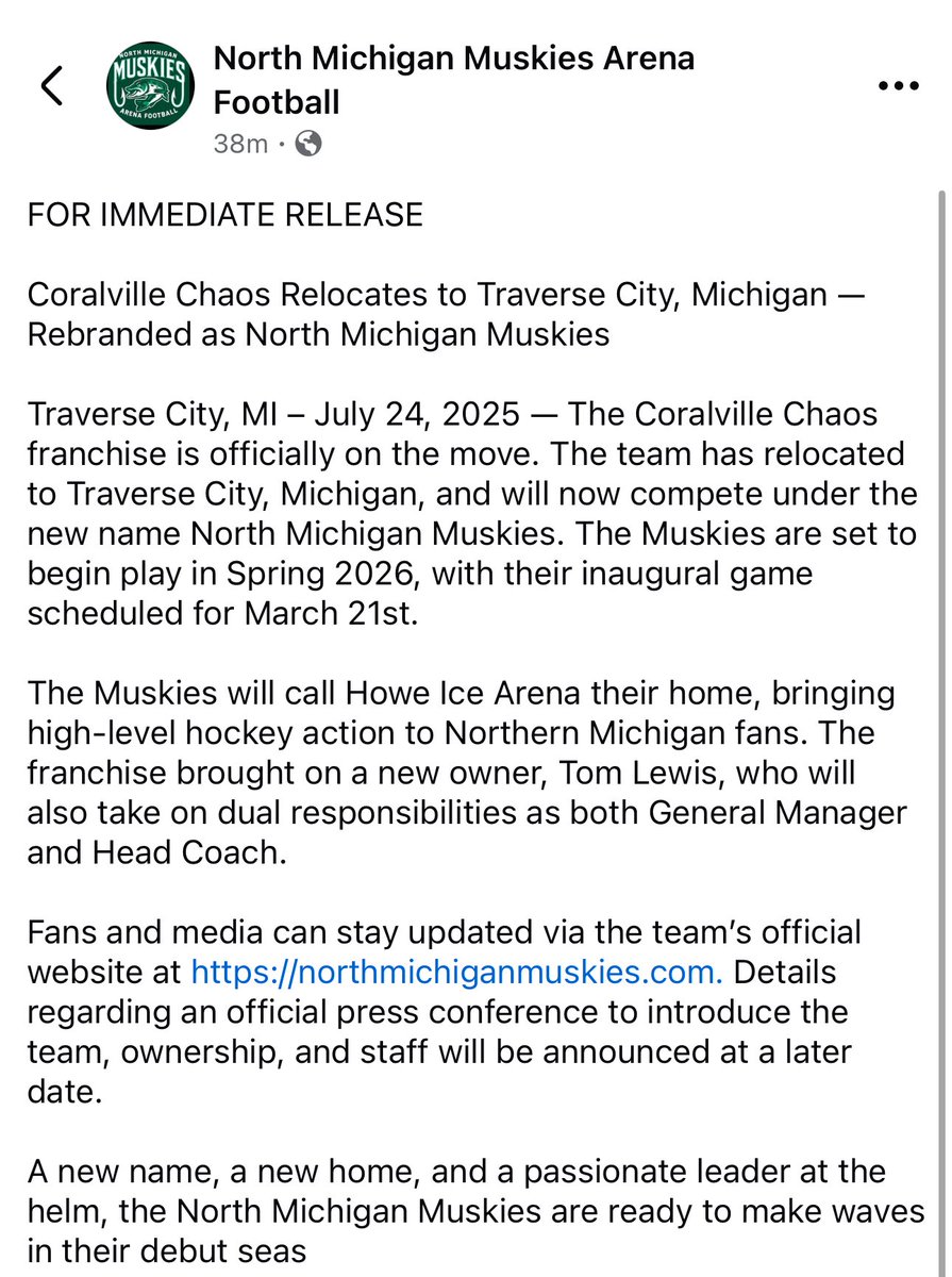 XFLMike's tweet image. NEWS:

American Indoor Football’s Coralville Chaos announce the team has relocated to Traverse City, Michigan &amp;amp; rebranded as North Michigan Muskies.  Howe Ice Arena has been selected as the team’s new home venue.

Per North Michigan Muskies Facebook Post

#AIF #AIF2026