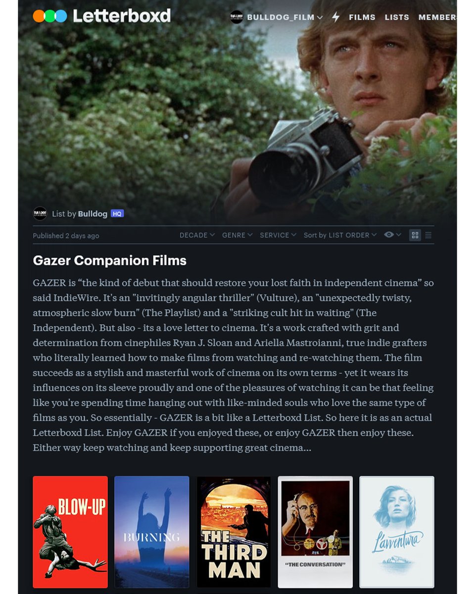 Bulldog Film Distribution (@bulldog_film) on Twitter photo #GAZER is a love letter to cinema made by true cinephiles & it wears its influences on its sleeve. So essentially its a bit like a <a href="/letterboxd/">Letterboxd</a> list. So here it is as an actual Letterboxd List. Enjoy it if you enjoyed these, or enjoy it then enjoy these! boxd.it/LAuAu #GAZER is a love letter to cinema made by true cinephiles & it wears its influences on its sleeve. So essentially its a bit like a <a href="/letterboxd/">Letterboxd</a> list. So here it is as an actual Letterboxd List. Enjoy it if you enjoyed these, or enjoy it then enjoy these! boxd.it/LAuAu