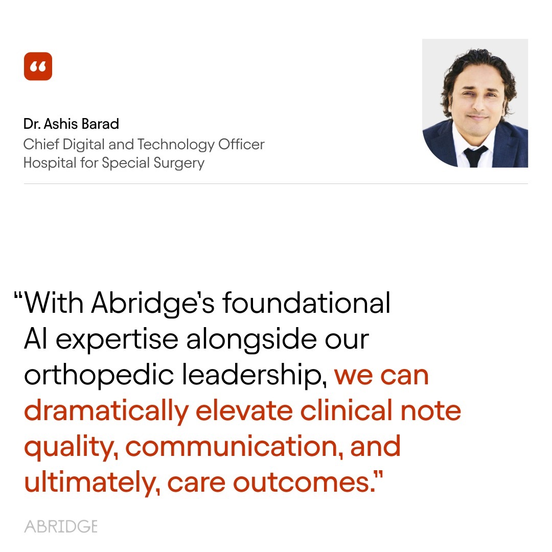 AbridgeHQ's tweet image. 📢𝗡𝗲𝘄 𝗖𝘂𝘀𝘁𝗼𝗺𝗲𝗿 𝗔𝗻𝗻𝗼𝘂𝗻𝗰𝗲𝗺𝗲𝗻𝘁: @HSpecialSurgery, the world’s leading orthopedic health system, selects Abridge to advance a new paradigm of orthopedic care delivery—powered by AI and delivered at the point of conversation.
“What distinguishes this…