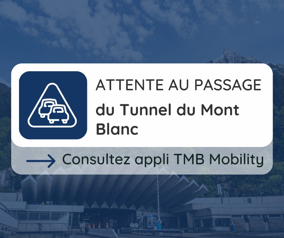 ATMBinfo's tweet image. ⌚15h45 | #TunnelduMontBlanc #ATMB
▶️ Attente importante (≃ 1h30) en direction de l'Italie en raison du fort trafic estival
🎙 Restez vigilants et écoutez @AutorouteInfo
▶ Consultez le temps d’attente en live sur atmb.com
+ d'infos : atmb.com/atmb_event/att…