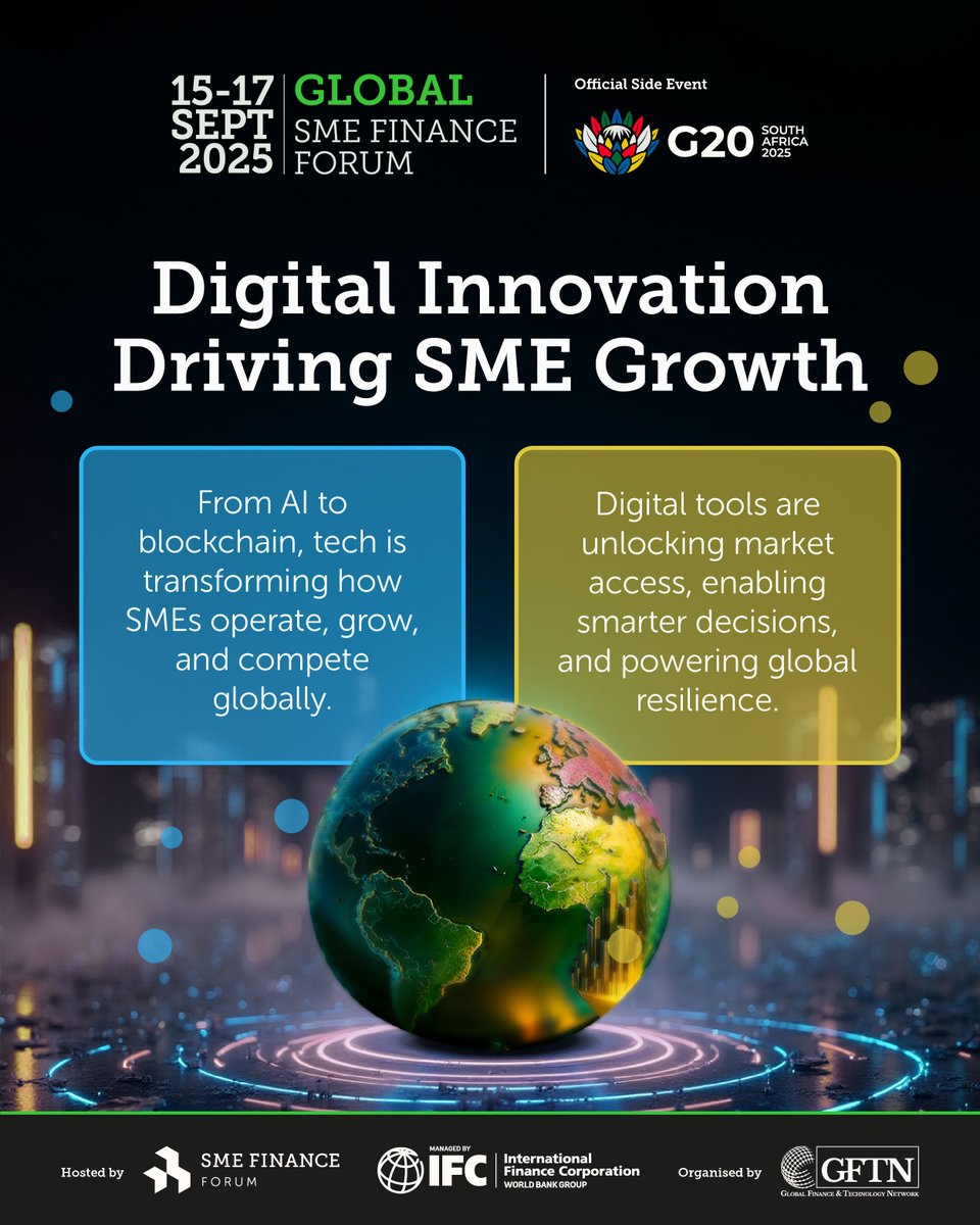 IFC_org's tweet image. Technology and Digital Innovation are reshaping the future of small businesses - and both are set to take center stage this September in Johannesburg!

Join us from 15–17 September for the 2025 Global SME Finance Forum: wrld.bg/exor50WuG15 #GSMEFF25