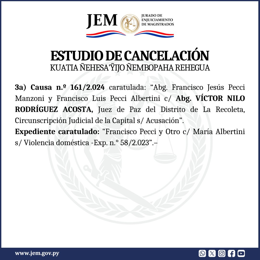 📌 El Jurado resuelve  la CANCELACIÓN y consecuente ARCHIVO de la presente causa con relación al Abg. Víctor Nilo Rodríguez Acosta conforme a los argumentos expuestos.

#JEMPy