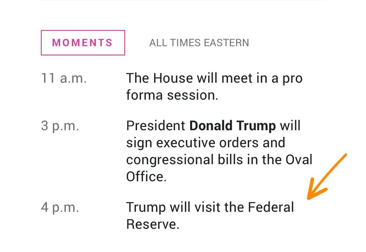 7/24/25 4:00pm est. 
Trump will visit the Federal Reserve.
