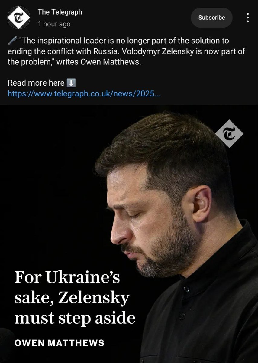 You know it's REALLY bad when The Telegraph starts calling for Zelensky's removal and calling him "part of the problem" in continuation of the Ukrainian conflict.