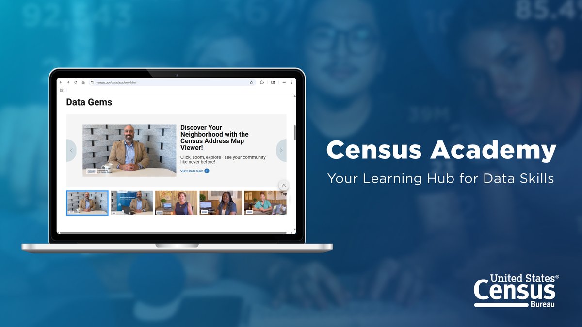 uscensusbureau's tweet image. Census Academy is your one-stop shop for learning how to find and use #CensusData.

Check out our products designed to help you track down what you need.

🖥️ Webinars and tutorials
🎥 #DataGem videos
📚 In-depth courses

Start here: census.gov/data/academy.h…