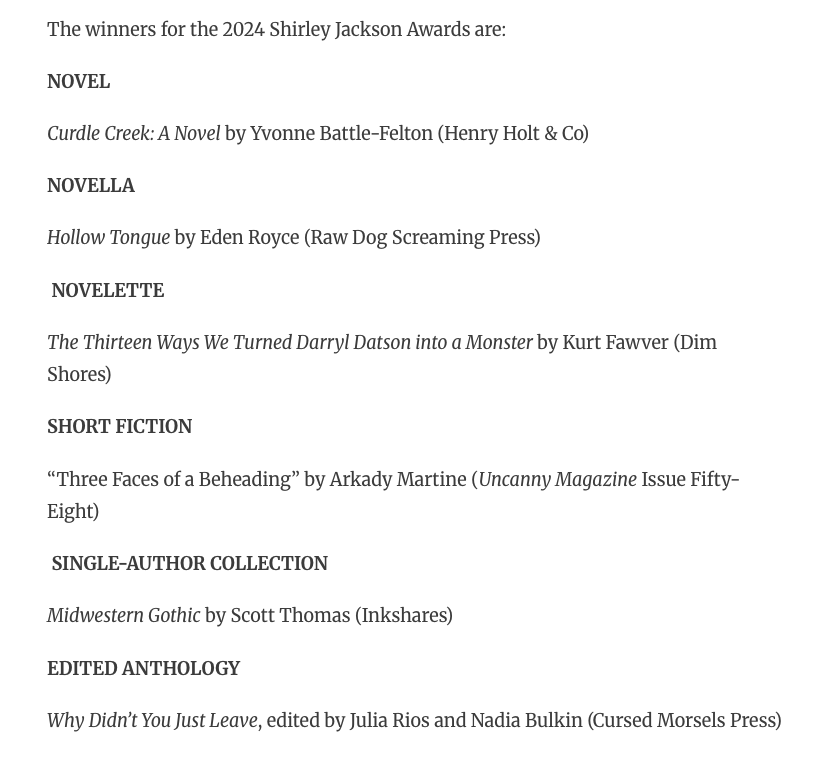 CosmicHorrorMo's tweet image. The Shirley Jackson Award winners have been announced!
bit.ly/3ePwS8W