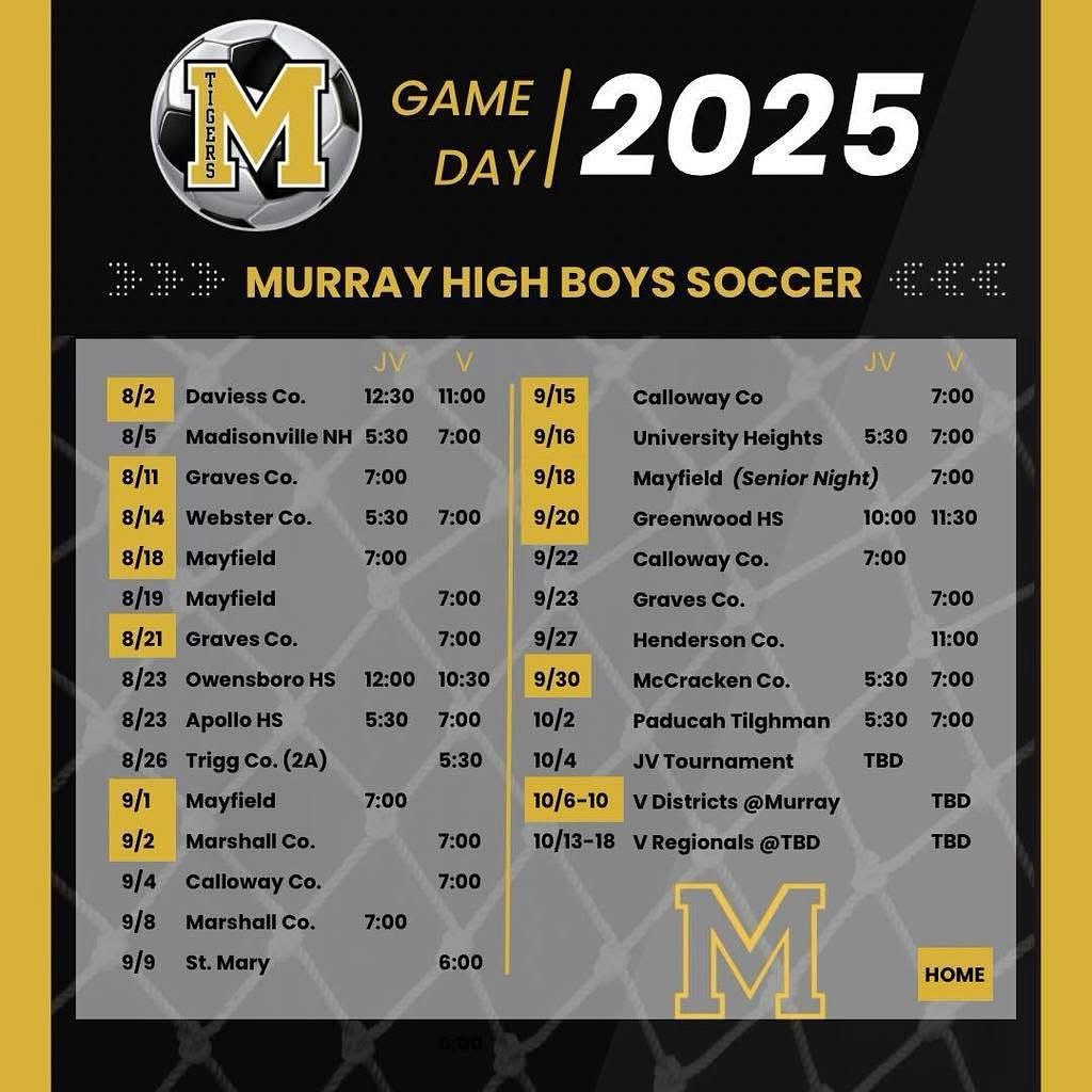 ⚽🖤 It’s Game Time, Tiger Fans! 💛⚽

Come cheer on our Murray Tiger Boys Soccer team this season as they hit the field with passion, skill, and Tiger pride! 🐾🔥

Let’s fill the sidelines and show our support—your energy makes a difference!