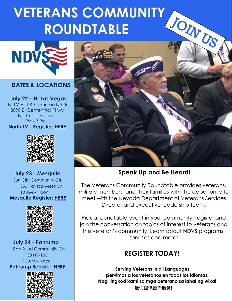 Join us today in Pahrump for the Veterans Community Roundtable                   
10:00 a.m. 12:00 p.m. 
Bob Ruud Community Center
150 NV-160, Pahrump, NV 89060   

veterans.nv.gov/wp-content/upl…