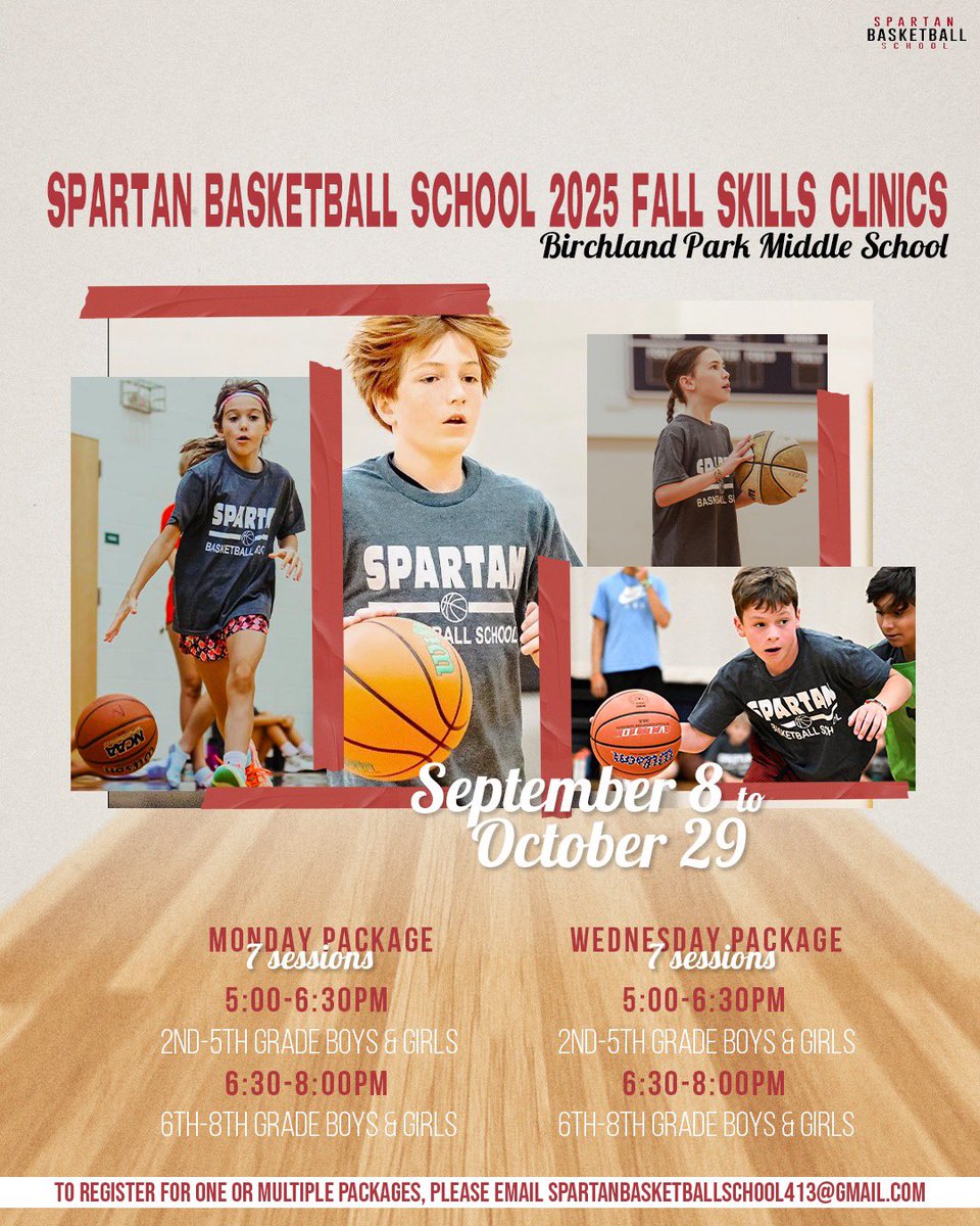 Registration is now open for our 2025 Fall Skills Clinics!

Come improve your game with us this fall as you prepare for the winter basketball season! 🏀💪

📝 For more info and registration, email spartanbasketballschool413@gmail.com
