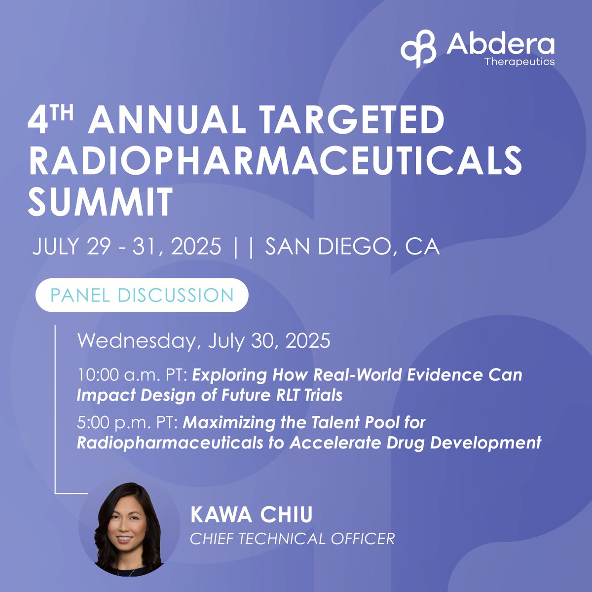 Next week at the 4th #TRPSummit2025, Abdera CTO Kawa Chiu takes the stage to chair Day 1 &amp; weigh in on two panels, covering real-world evidence in RLT trial design &amp; the future of talent in radiopharma. Kawa’s perspective is shaped by years at the forefront of targeted