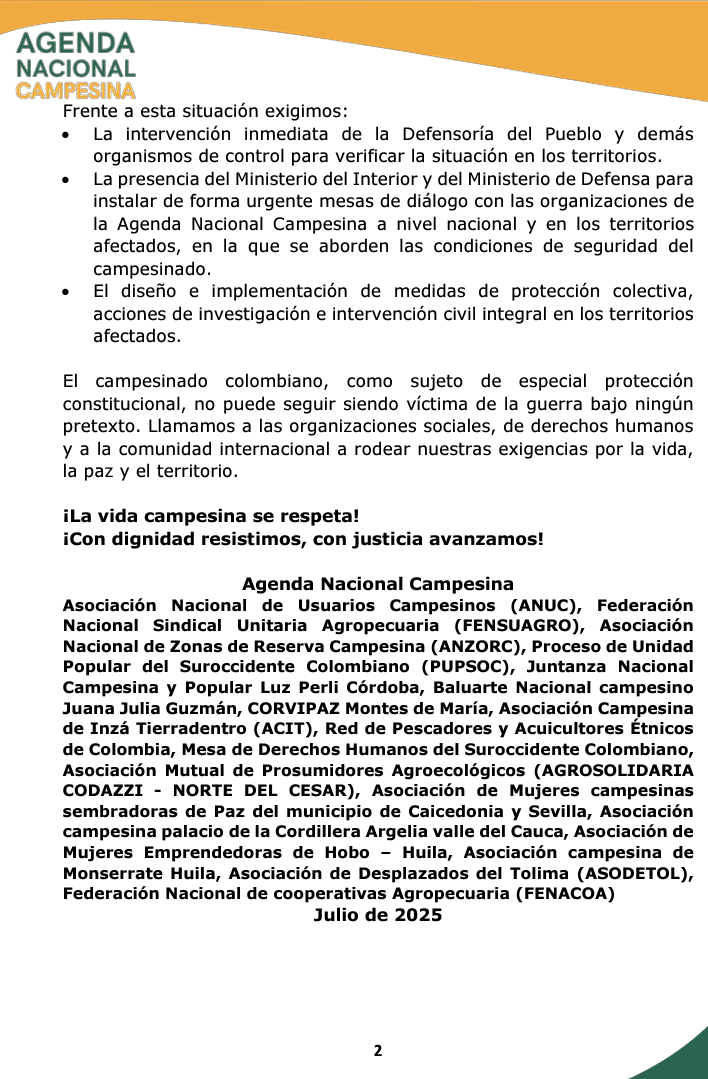 Agenda Nacional Campesina (@agendanacionalc) on Twitter photo Desde <a href="/agendanacionalc/">Agenda Nacional Campesina</a> alertamos sobre la crítica situación de seguridad que viven comunidades campesinas en Cauca, Arauca, Caquetá, Nariño, Huila y otras regiones.Exigimos garantías para la vida y el territorio. Urge diálogo con @MinInteriorCol, <a href="/mindefensa/">Mindefensa</a> y <a href="/DefensoriaCol/">Defensoría del Pueblo</a> Desde <a href="/agendanacionalc/">Agenda Nacional Campesina</a> alertamos sobre la crítica situación de seguridad que viven comunidades campesinas en Cauca, Arauca, Caquetá, Nariño, Huila y otras regiones.Exigimos garantías para la vida y el territorio. Urge diálogo con @MinInteriorCol, <a href="/mindefensa/">Mindefensa</a> y <a href="/DefensoriaCol/">Defensoría del Pueblo</a>
