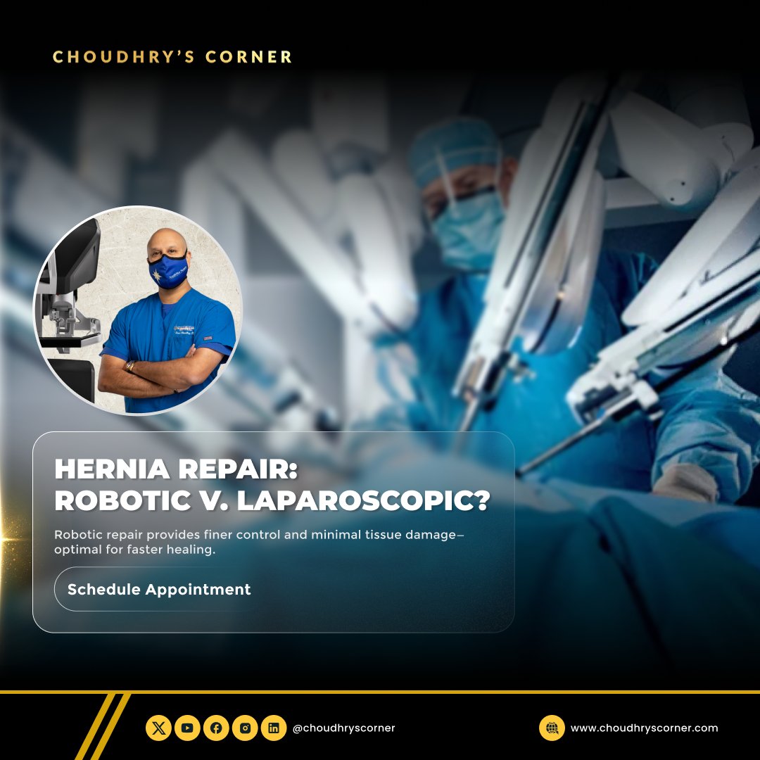Robotic repair provides finer control and minimal tissue damage, optimal for faster healing.

For a gentler recovery, consider robotics.
#RoboticRepair #HerniaSurgery #DrChoudhry #FasterHealing #MinimallyInvasive