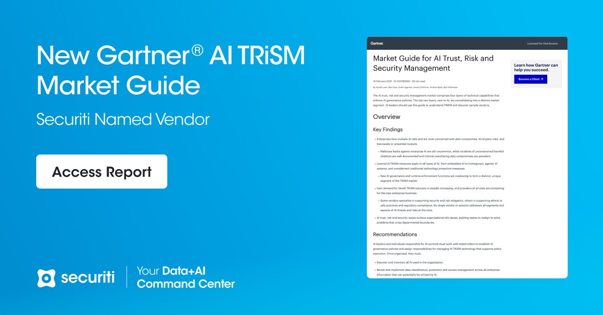 80% of AI breaches will stem from internal oversharing or policy violations.
 
The Gartner 2025 AI TRiSM Guide covers risk scoring, policy enforcement &amp; shadow AI visibility.
 
See why Securiti named a Representative Vendor 🔗buff.ly/eHehol9 
 
#AITRISM #AIGovernance