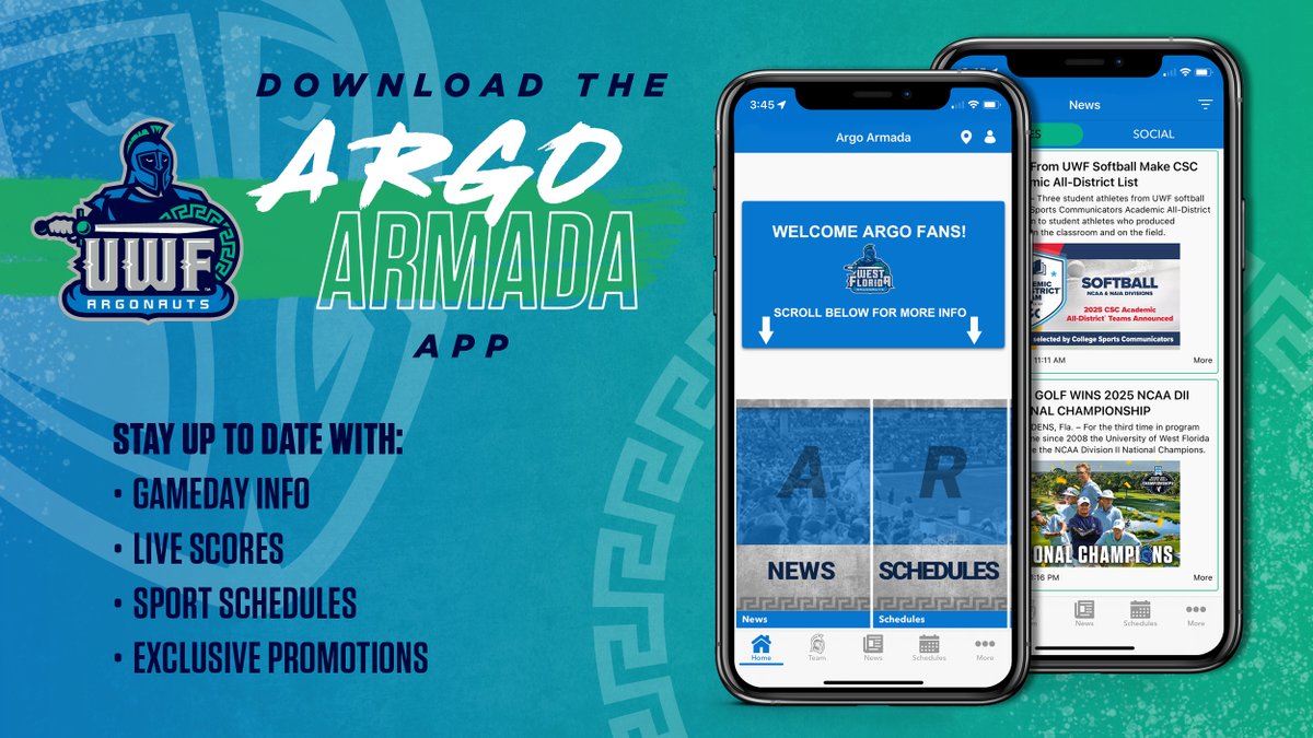 UWF's tweet image. #UWF sports season is almost back! Download the Argo Armada app today to stay updated on all things #Argo athletics.📱
🔗 bit.ly/4cYZETn
#GoArgos | @GoArgos