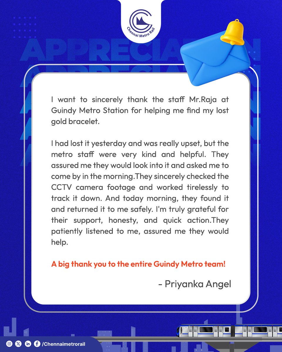 At Chennai Metro, we are committed to ensuring the safety of both our passengers and their belongings.

#ChennaiMetro #CMRL #MetroRide  #ChennaiMetroCares  #ChennaiMetroRail #LostandFound