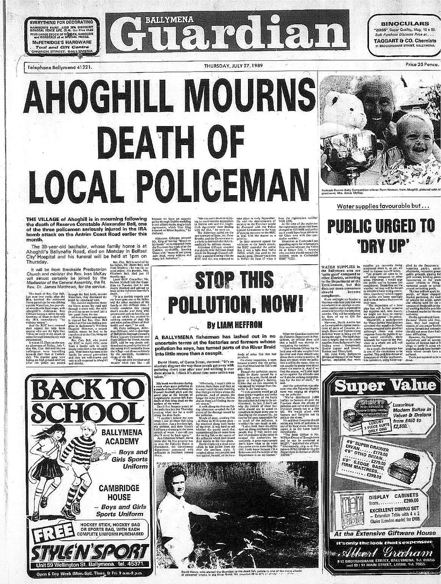 OnThisDayPIRA's tweet image. #OnThisDay in 1989 the IRA murdered Alexander Bell, 39. RUCR injured by bomb detonated 12:35 pm, 7/7, as police patrol passed Red Arch, Waterfoot going to Cushendall. Died #OTD. Minister “Why having poured men & money into the Falklands are they not prepared to do the same here?”