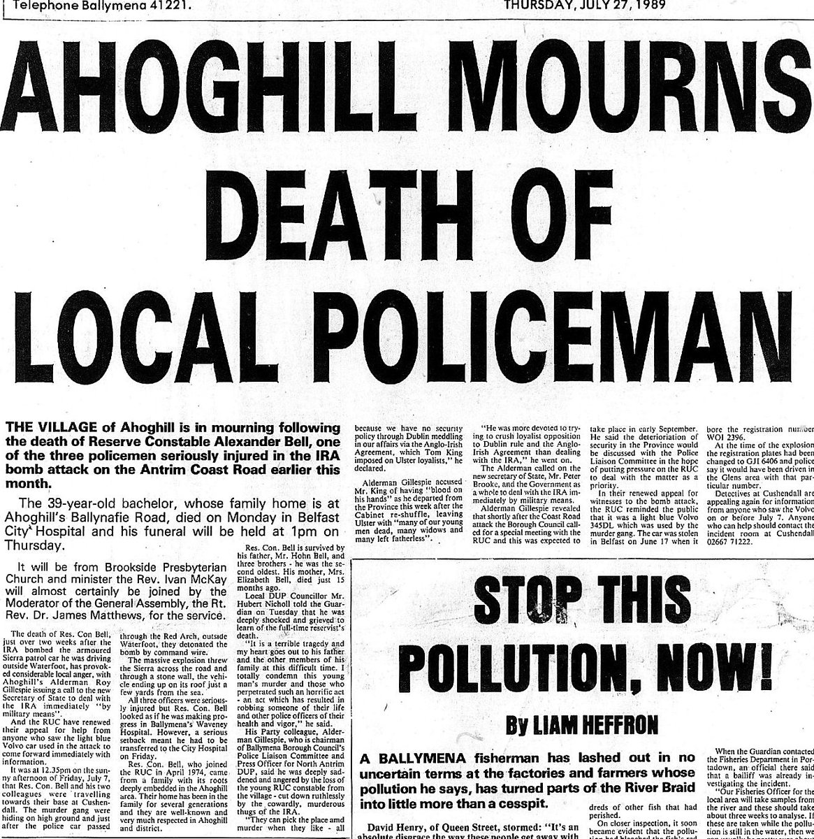 OnThisDayPIRA's tweet image. #OnThisDay in 1989 the IRA murdered Alexander Bell, 39. RUCR injured by bomb detonated 12:35 pm, 7/7, as police patrol passed Red Arch, Waterfoot going to Cushendall. Died #OTD. Minister “Why having poured men & money into the Falklands are they not prepared to do the same here?”