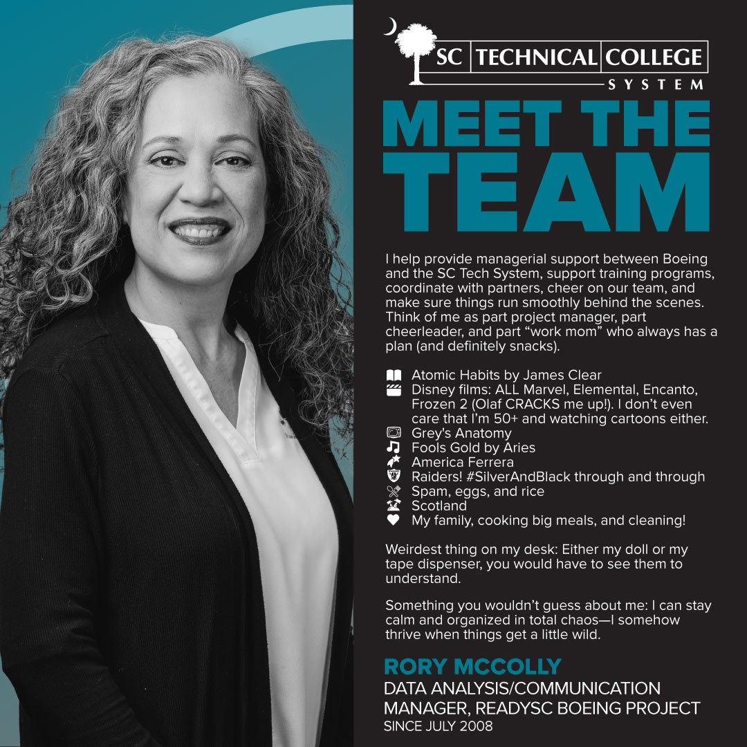 It’s our people who set us apart. Meet the talented team ensuring affordable, accessible, and relevant career and technical education for all South Carolinians!

Presenting Data Analysis/Communication Manager for the readySC Boeing Project, Rory McColly.

#MeetTheTeam