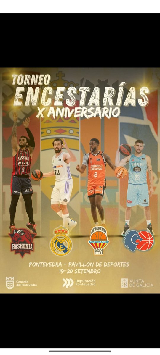 ADC_EncestaRias's tweet image. 🚨El Torneo EncestaRías celebrará su décimo aniversario con el mejor cartel de su historia: @RMBaloncesto, @Baskonia, @valenciabasket y @CBBreogan
Se celebrará en Pontevedra el 19 y el 20 de septiembre, en formato cuadrangular!🏀👌