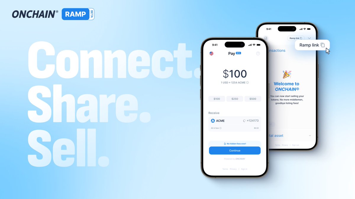 OnchainEU's tweet image. Connect. Share. Sell.
Skip the complicated flows.
With ONCHAIN® Ramp, once your token is live, just share a checkout link.
Buyers onboard in seconds.
