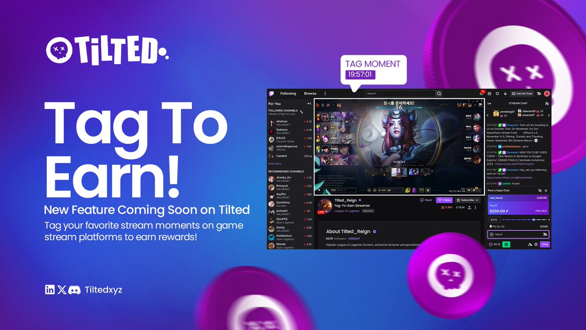 tiltedxyz's tweet image. 🎯 Tag-to-Earn is upcoming on Tilted!

No more playing to earn—now you TAG to earn.

As you watch your favorite streams on Twitch, tag game moments like “headshot,” “comeback,” or “clutch” in real time.

Your tags train our AI, fuel decentralized esports prediction, and earn you…