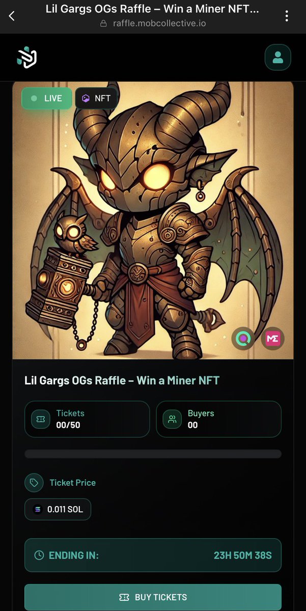 🚨 LIL’ GARGS RAFFLE IS LIVE! 🛡️
Win an OG Garg NFT that mines 50+ $GARG/day and will battle in our future PvP game ⚔️

🎟️ 0.011 SOL per ticket
🎫 Only 50 tickets available
⏳ Ends in 24 hours
✅ Stack entries to increase your odds

🌀 Enter now:
raffle.mobcollective.io/mob_collective…