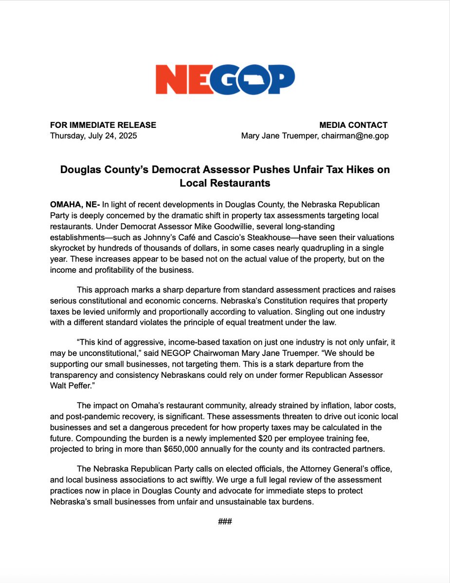 NEGOP's tweet image. The Nebraska Republican Party has released the following statement in response to alarming property tax increases under Douglas County’s Democrat Assessor.