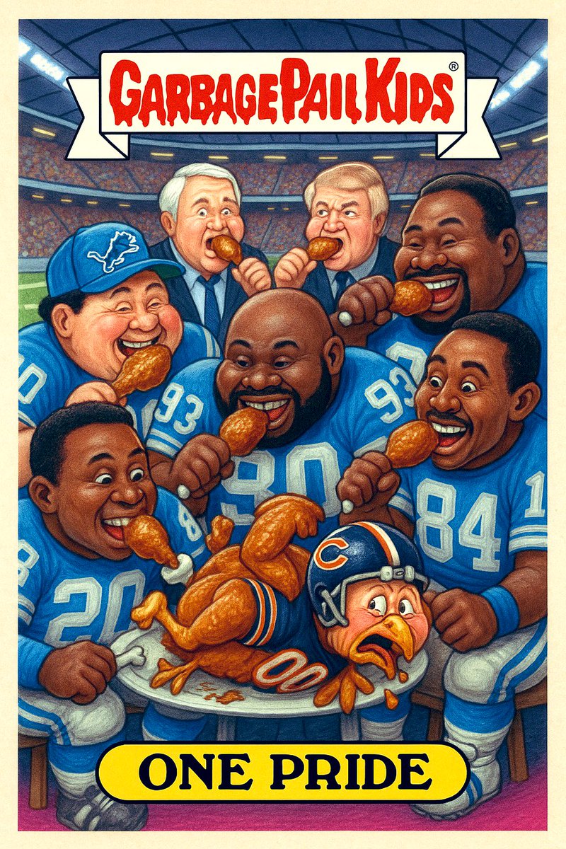 Munson1897's tweet image. Hey @BarrySanders, @HMAN84 @LomasBrown75, and @jerryball93, I had fun creating these Garbage Pail Kids cards last night. What do you think? As a child, this is the one tradition I looked forward to each Thanksgiving. #OnePride @Lions @SchwartzSports1