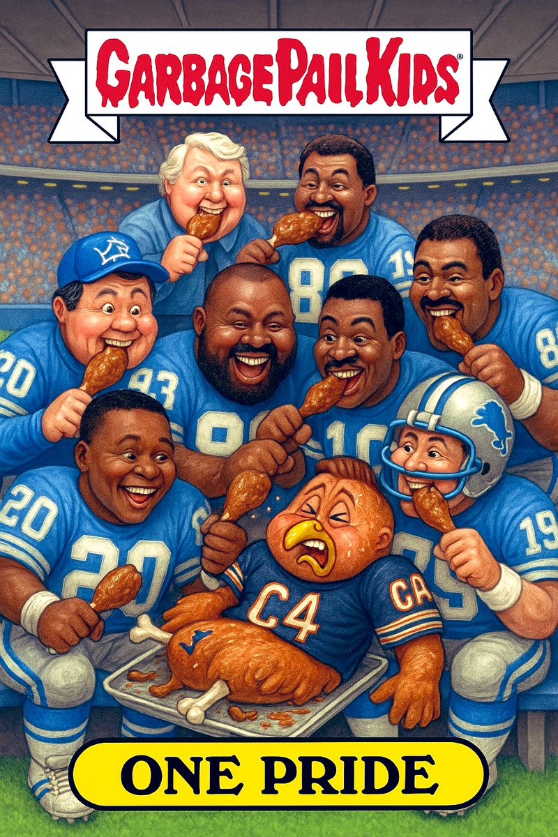 Munson1897's tweet image. Hey @BarrySanders, @HMAN84 @LomasBrown75, and @jerryball93, I had fun creating these Garbage Pail Kids cards last night. What do you think? As a child, this is the one tradition I looked forward to each Thanksgiving. #OnePride @Lions @SchwartzSports1