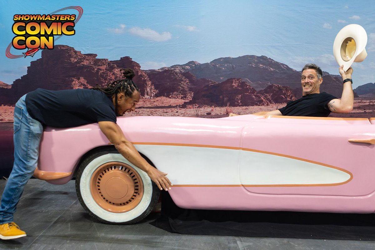 Showmasters's tweet image. Move over Barbenheimer, it’s Barbalorian time!
#ThrowbackThursday to the Mandalorian stunt doubles Brendan Wayne and Lateef Crowder having great fun with the Barbie car at #LFCC in July!