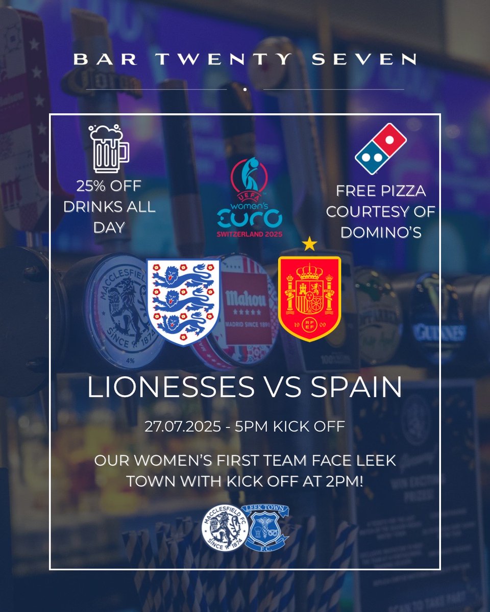 thesilkmen's tweet image. Itโs the Lionesses vs Spain in the Womenโs Euros Final this Sunday ๐
๐Dominoโs Macclesfield will be providing pizzas in Bar Twenty Seven, along with us offering 25% off drinks all day ๐ป
Our Womenโs First Team also kick off at 2pm ๐ Leek Town in their third pre-seasonโฆ