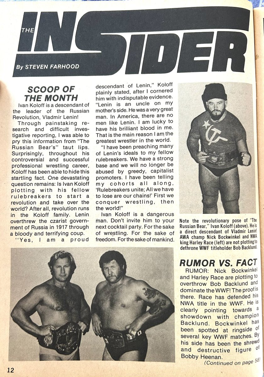 BrianRSolomon's tweet image. From the August 1979 issue of Inside Wrestling, Steve Farhood blows open the truth about Ivan Koloff being related to Vladimir Lenin. And people wonder why I prefer old school wrestling to modern.