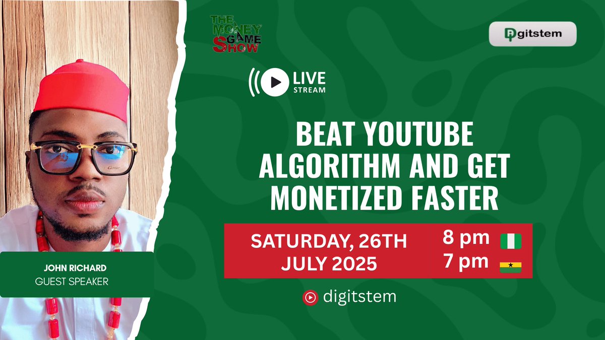 Digitstem (@digitstem) on Twitter photo This week on The Money Game Show, we’re hosting John,<a href="/John_Richardd/">John Richard</a> a YouTuber who has cracked the code to growing faster and getting monetized quicker on YouTube.
So, if you’re looking to make money on YouTube, this session is for you.
📅 Date: Saturday, 26th July 2025
⏰ This week on The Money Game Show, we’re hosting John,<a href="/John_Richardd/">John Richard</a> a YouTuber who has cracked the code to growing faster and getting monetized quicker on YouTube.
So, if you’re looking to make money on YouTube, this session is for you.
📅 Date: Saturday, 26th July 2025
⏰