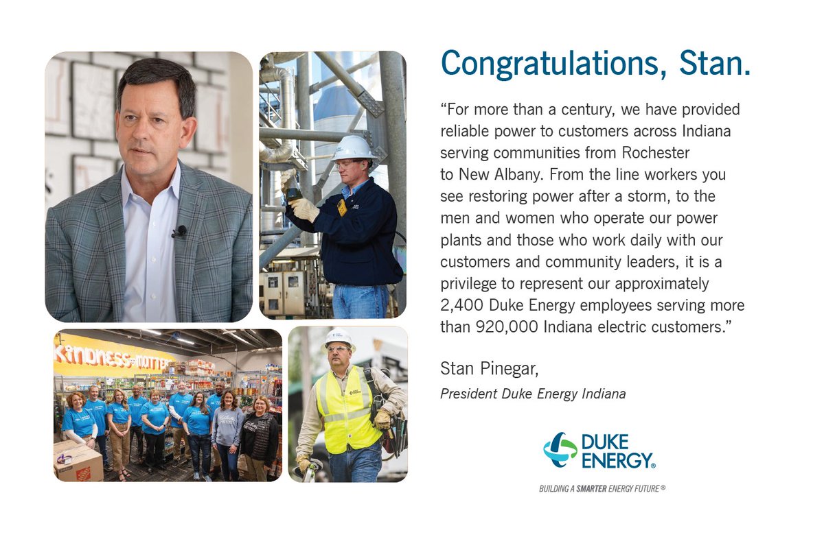 DukeEnergyIN's tweet image. Congratulations to Duke Energy Indiana State President Stan Pinegar for being named to the Indianapolis Business Journal’s #Indiana250 list, which recognizes the state’s most influential business and community leaders.
🔗: spr.ly/6013fK1QW