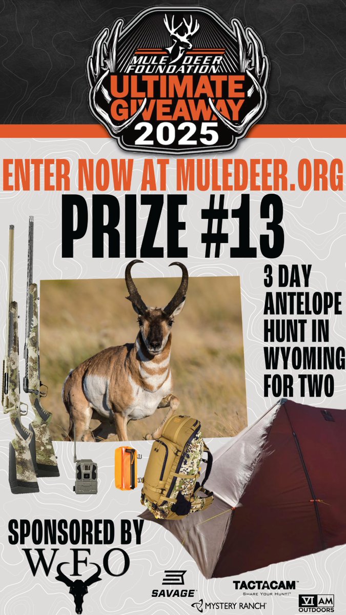 SavageArms's tweet image. Don&apos;t miss out on this awesome prize pack from the @MuleDeerOrg ultimate giveaway featuring a Wyoming pronghorn hunt with a new Savage!

go.muledeerfoundationfundraising.org/ug2025/Campaig…