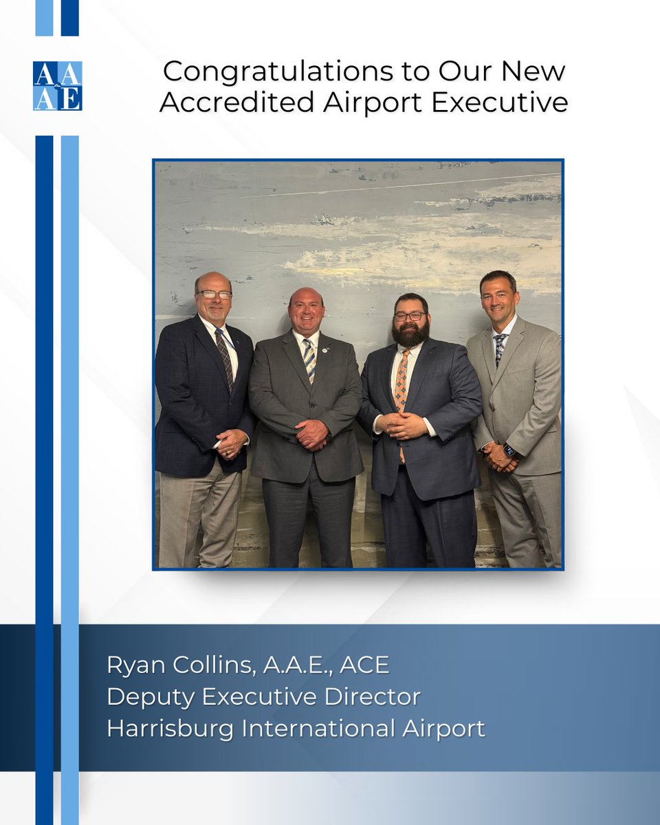 AAAEDelivers's tweet image. Congratulations to Ryan Collins, A.A.E., ACE, Deputy Executive Director, Harrisburg International Airport, who successfully completed the Final Interview and earned the coveted Accredited Airport Executive (A.A.E.) designation on Tuesday, July 8 in Lancaster, PA.