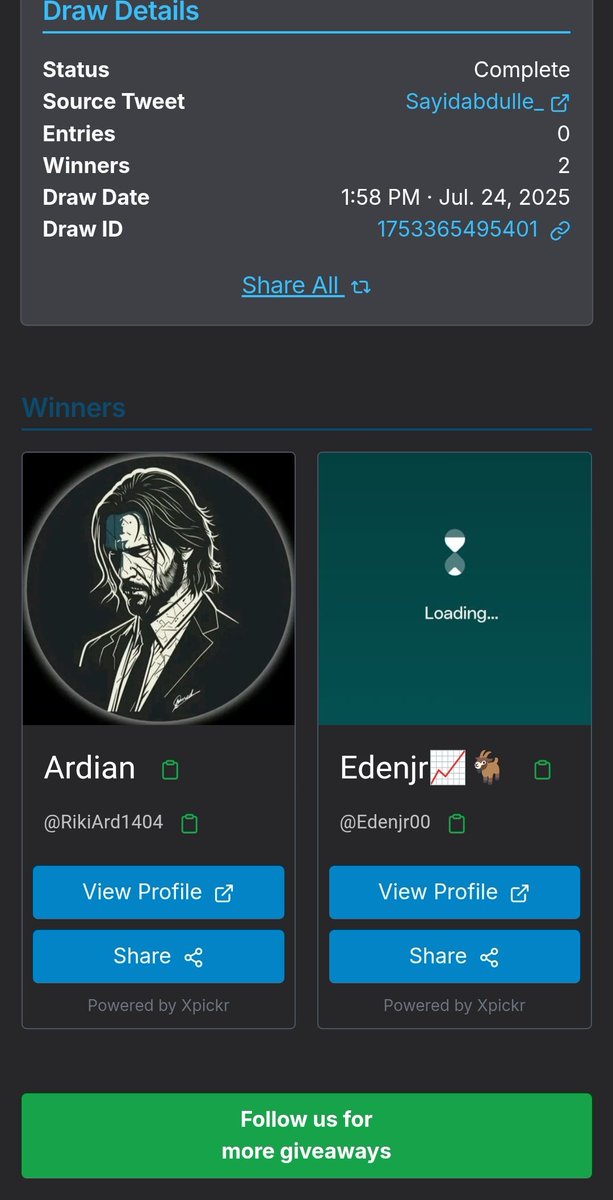 Congrats Xpickr - Built by <a href="/xpickr/">Xpicker2</a> - Winners <a href="/RikiArd1404/">Ardian</a> 
<a href="/Edenjr00/">Edenjr📈🐐</a> 

ID 1753365495401